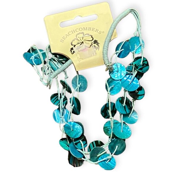 Blue Shell‎ Necklace Multi Strand Boho Round Button Tropical Beachy Lightweight - Picture 1 of 4